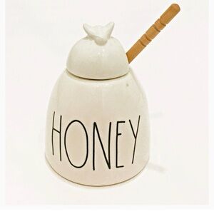 Rae Dunn Ceramic Honey Pot Jar with Wooden Dipper Has A Bee On Top of Lid